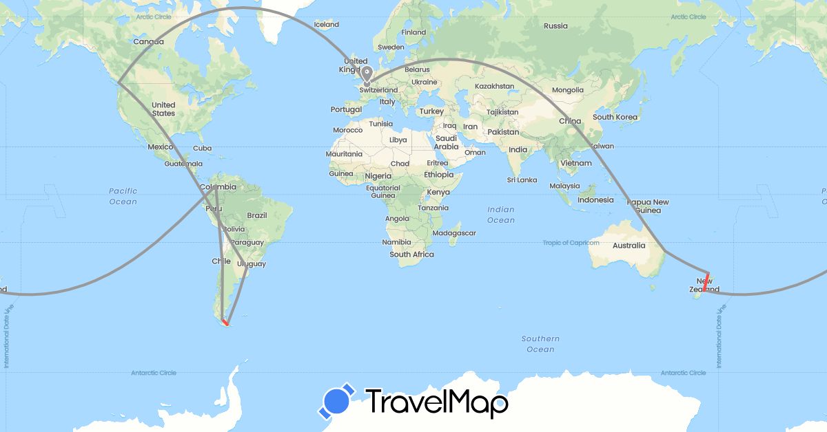 TravelMap itinerary: driving, plane, hiking in Argentina, Australia, Canada, Chile, Colombia, France, New Zealand, Peru (Europe, North America, Oceania, South America)